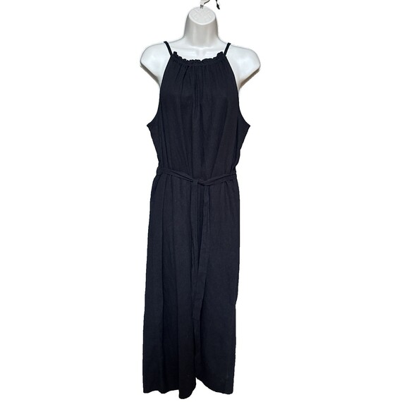 Gap Black Halter Midi Dress Size L Linen Blend Belted Relaxed Fit Flattering - Picture 4 of 11